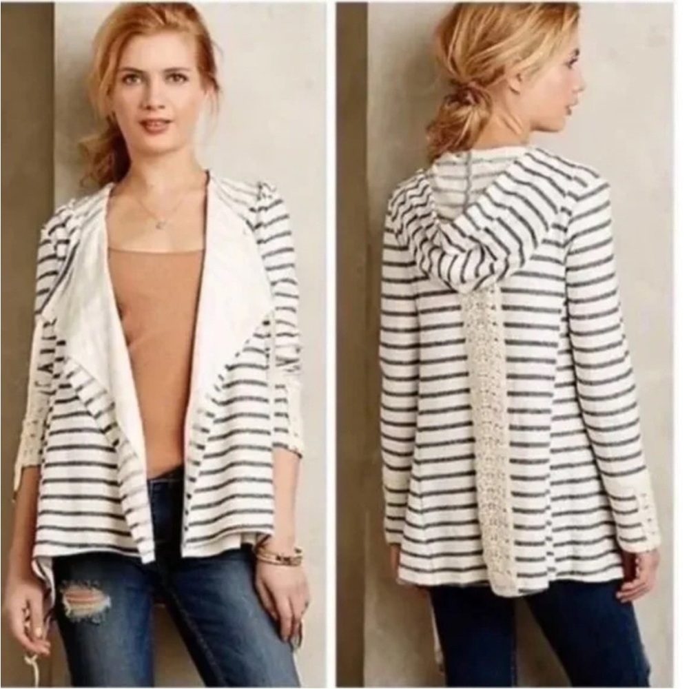 Anthropologie Saturday Sunday Striped Hooded Tie Cardigan Sweater Size Large